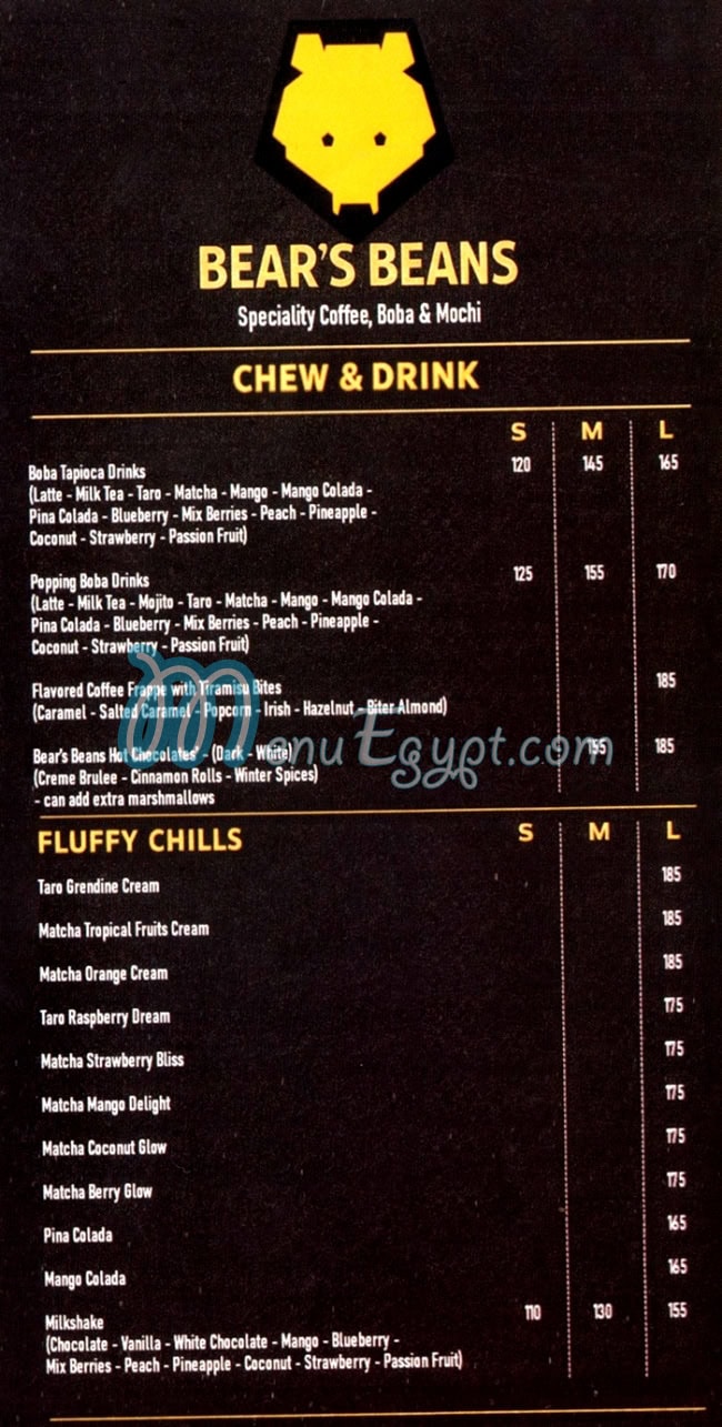 Bears Beans menu
