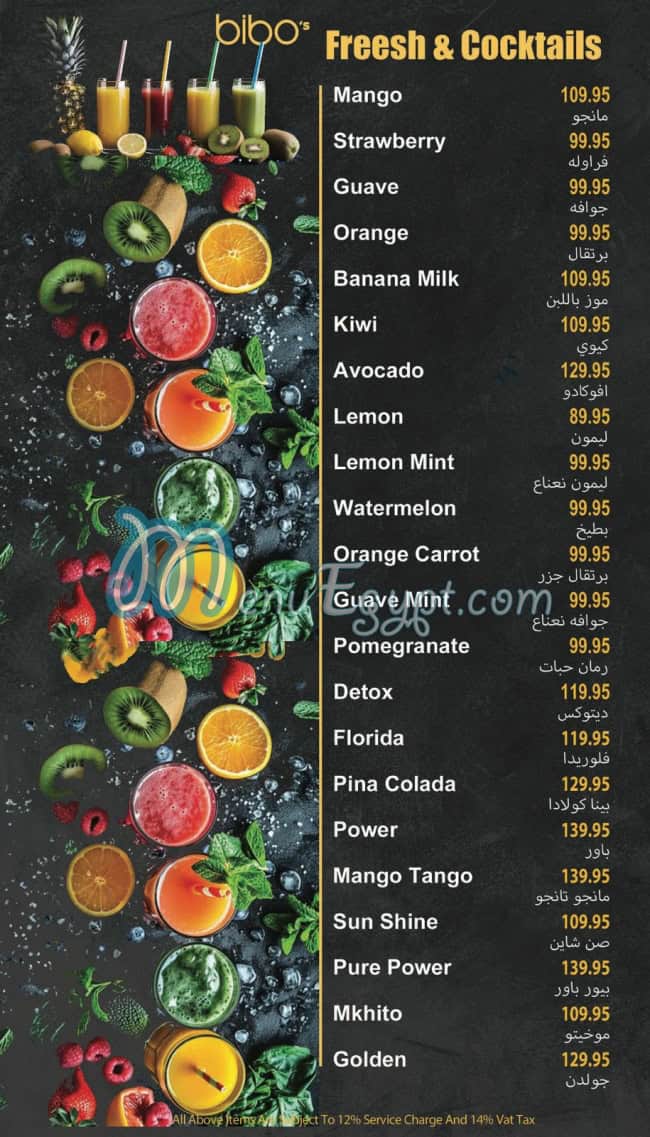 bibo’s cafe menu Egypt