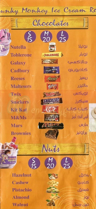 Chunky Monkey menu Egypt