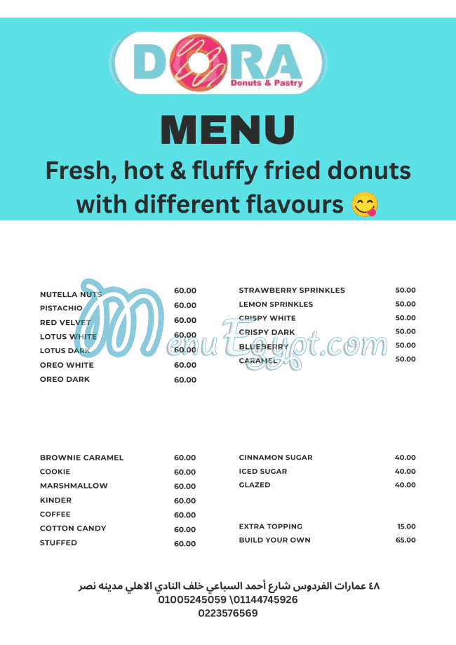 Dora donuts and pastry menu