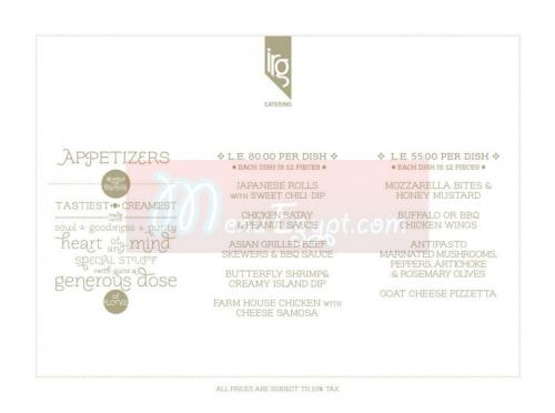 IRG Catering menu