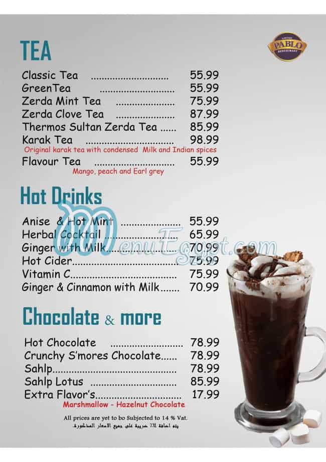 Pablo Cafe menu Egypt