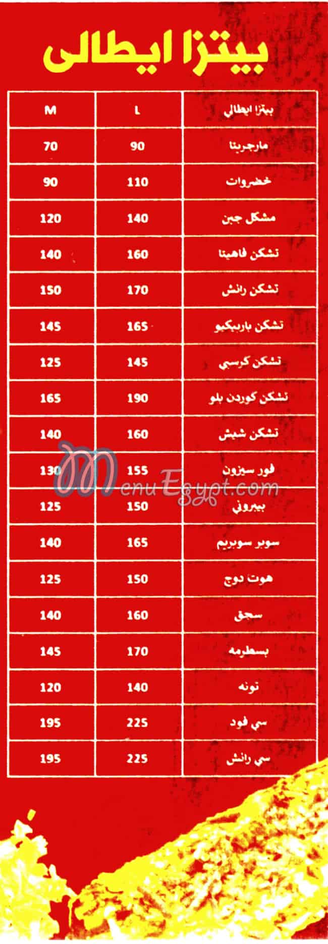 منيو بيتزا رينا