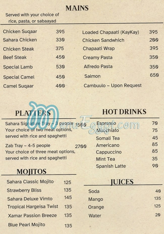 Sahara Kitchen menu Egypt
