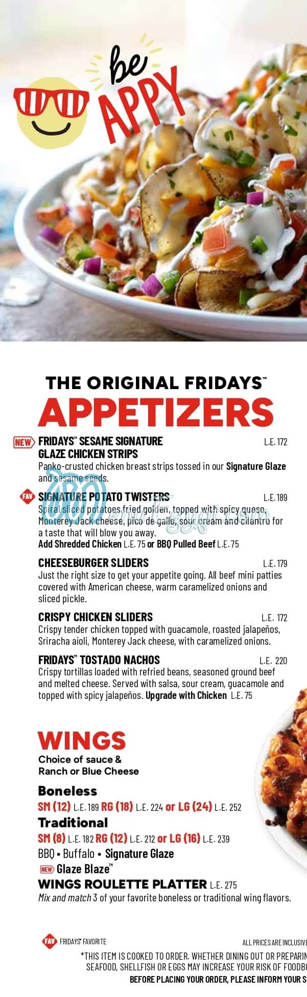 TGI Fridays menu