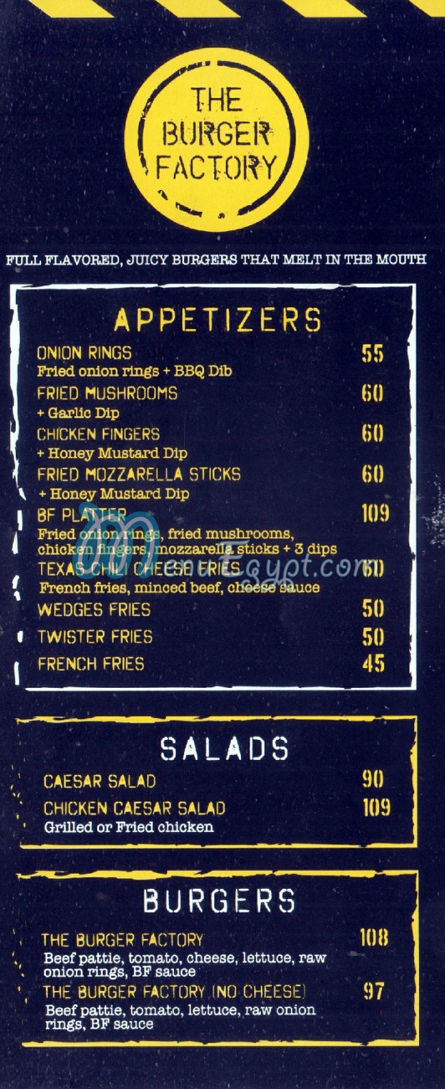 The Burger Factory menu