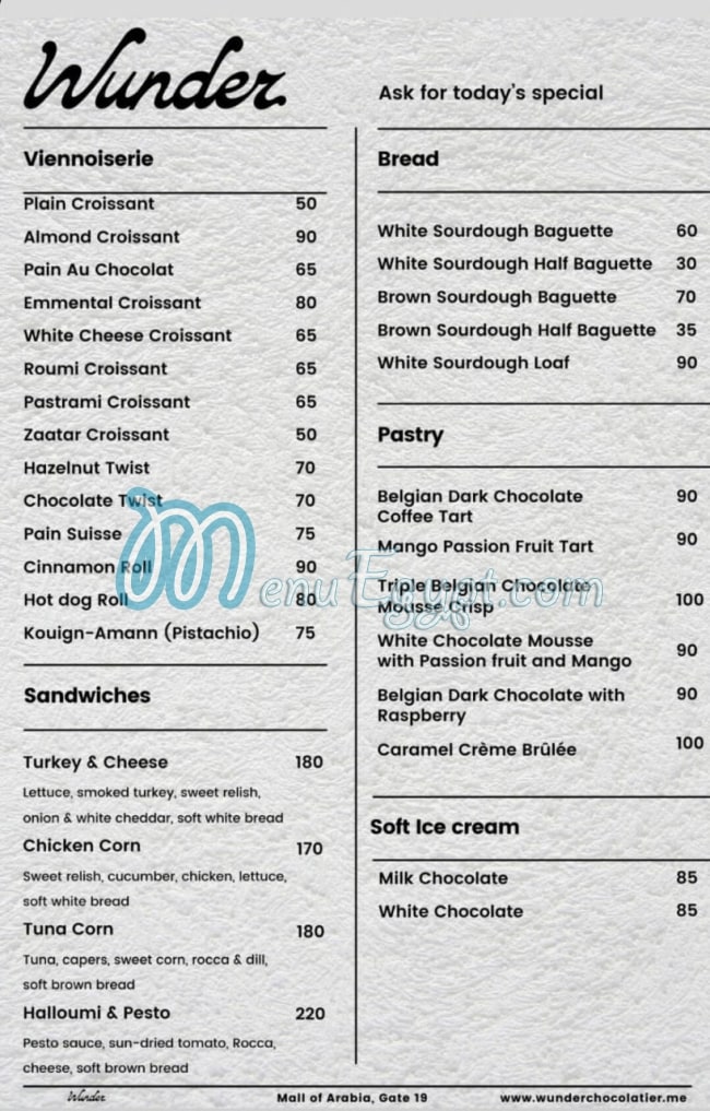 Wunder Chocolatier menu